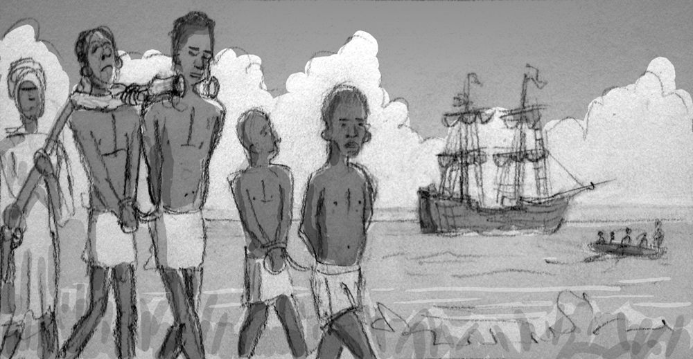 Guinea Sam as a young boy captured and sold to slave traders in his native Guinea