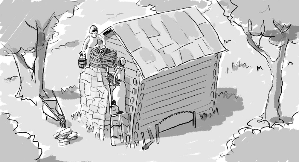 Olive and slave girl building a chimney without the help of the men.