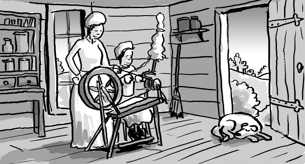 Olive learning how to use a spinning wheel from her mother.