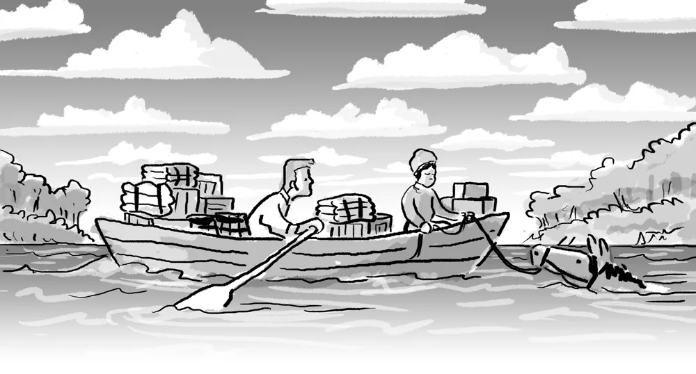 Olive and Nathan Boone crossing the Missouri in a skiff with all their possessions.