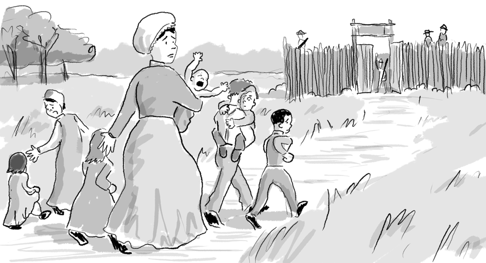 Olive and her (at the time) seven children rushing to a fort during an Indian raid.