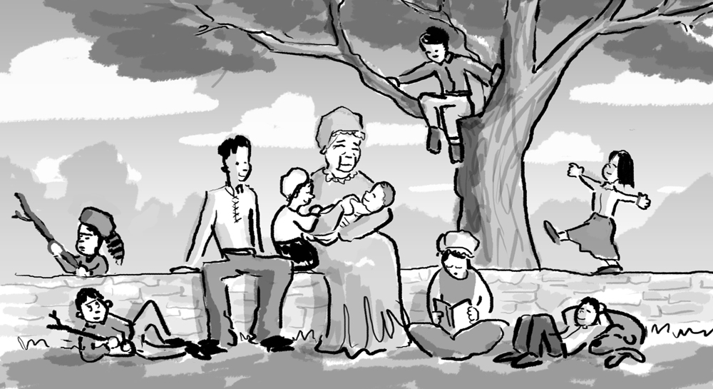 An elderly Olive with some of her grandchildren.