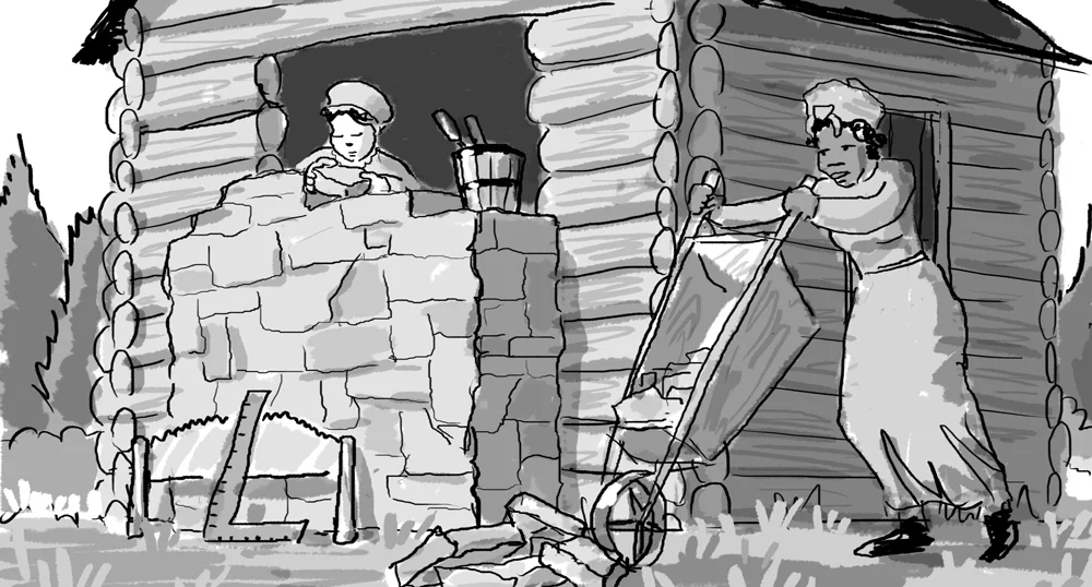 Olive and slave girl building a chimney, alternate view.