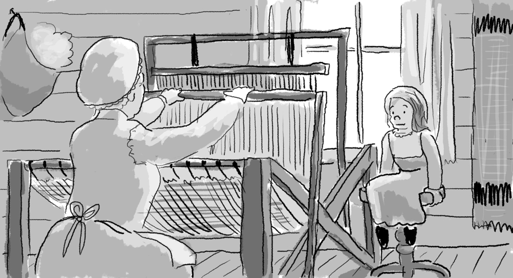 Olive showing her granddaughter how to use a loom.