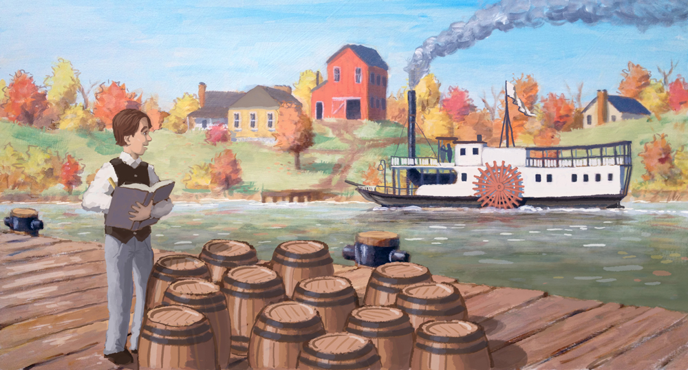 Final version - Joseph Kinney counting barrels and watching an early steamboat