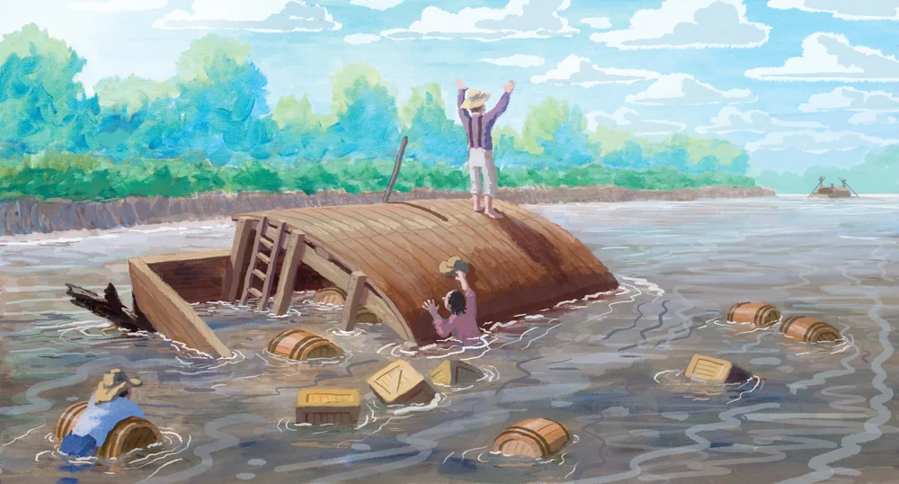 This is the final art showing Joseph Kinney's wrecked flatboat.