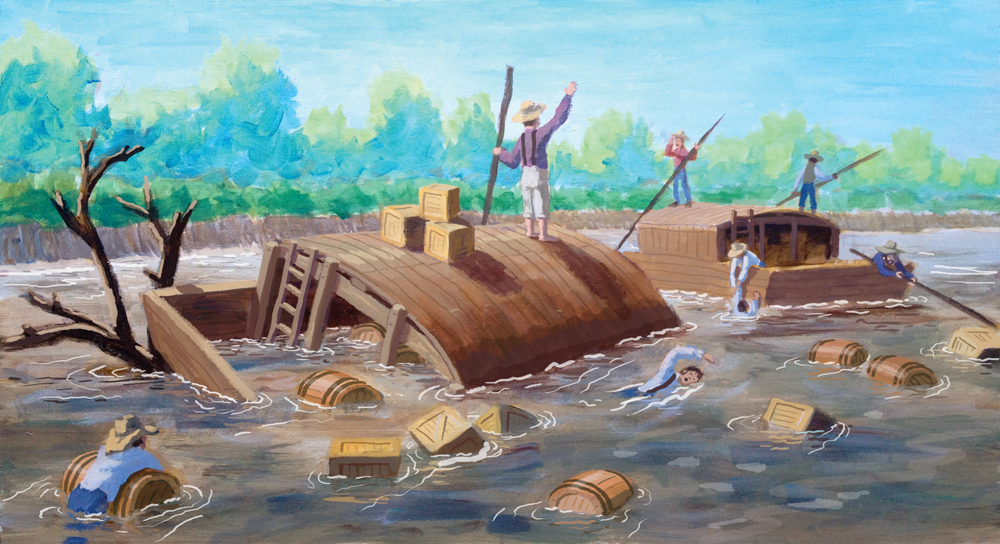 Here is the first version of the flatboat wreck with another boat helping out. While I do like the commotion of this one, Joseph looks a bit too calm. Like he's asking the other captain how his corn crop is coming along or something.
