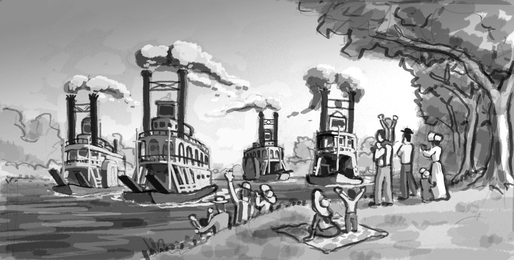 Final composition sketch showing steamboat race&nbsp;