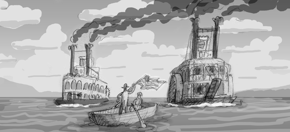 An early rough sketch. &nbsp;Hell I'm not sure why I'm including this one. &nbsp;It doesn't look like a race or anything really. &nbsp;It more looks like some knucklehead just hanging out with his lady and waving a flag while ships pass by.