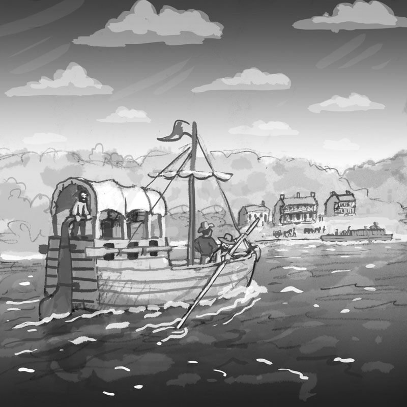 Early pioneers in a keelboat approach the small settlement of&nbsp;Kawsmouth
