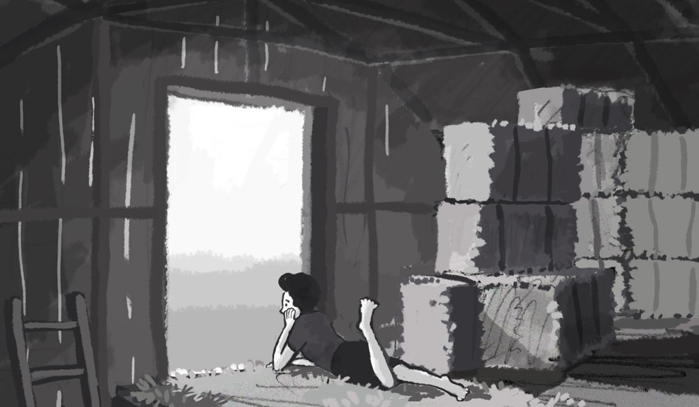 Jean as a teen daydreaming in the hayloft