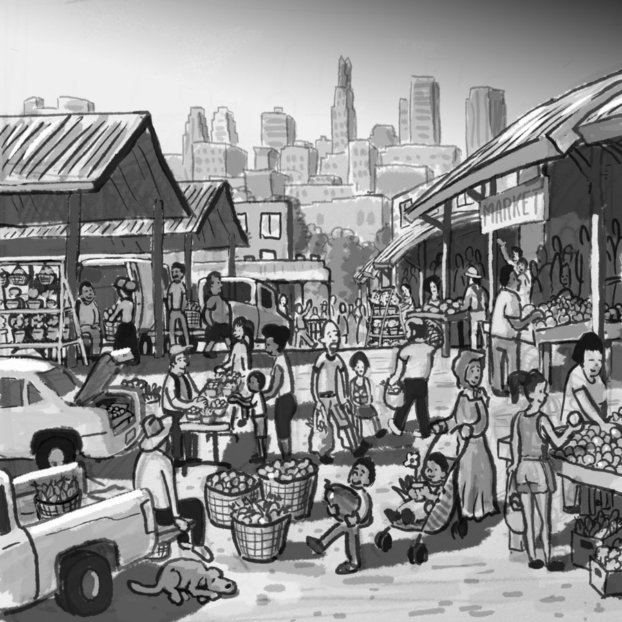 Create a monochromatic sketch of a community or food market set in a field  with clean lines and minimal detail The sketch should convey the markets  lively and vibrant atmosphere and capture