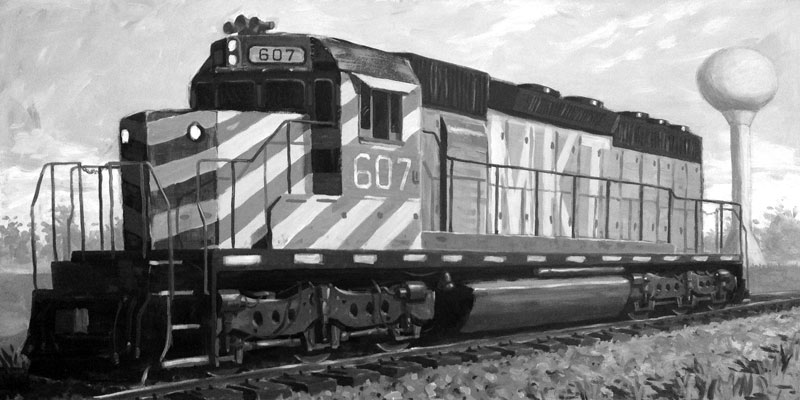 Acrylic Black and White, 48" x 24". I had to throw in the water tower for good measure. When I was a kid I was convinced that thing was going to collapse and flood the town.