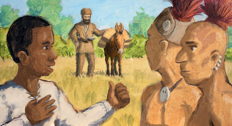 Young Jeffrey Deroine interpreting for his fur-trapper master.