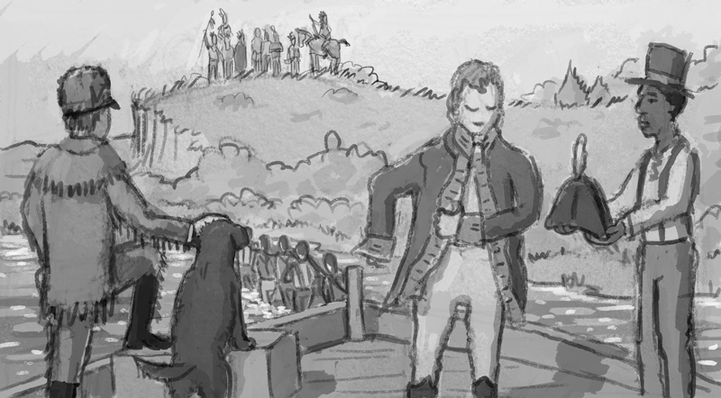 Another alternate rough sketch showing the Discovery being pulled along the Missouri, as William Clark prepares to meet the local natives. In hindsight there are many things wrong with this illustration even as a sketch.