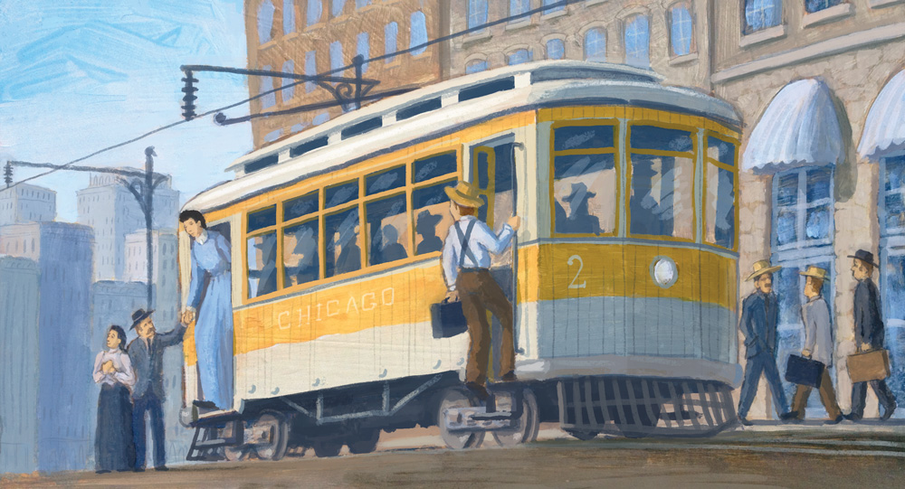 Ella and her parents disembarking from a street car in Chicago ~ 1890