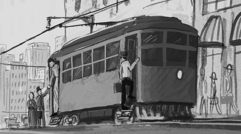 A tightened rough sketch with a closer view of the street car. &nbsp;I was mainly thinking the street car would be a good device to show the relative sizes of the people. &nbsp;