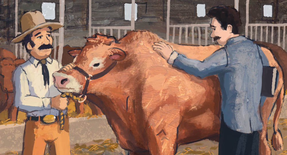 J.C also had an interest in raising prize winning livestock. Now that I look at this illustration for the first time in awhile, I realize both the men look related or like the same guy. Eesh. 