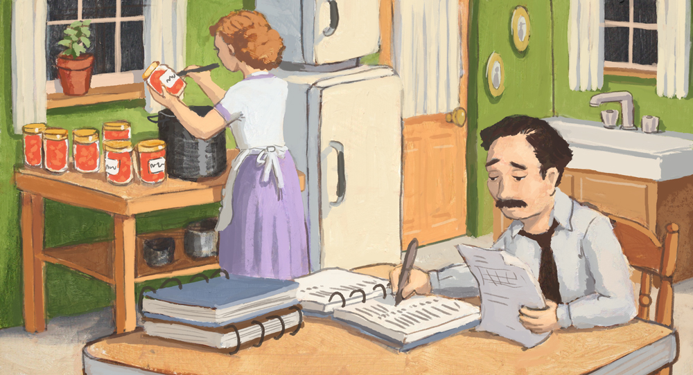 J.C. going over accounts while his wife does some canning. Every penny had to count during the depression.