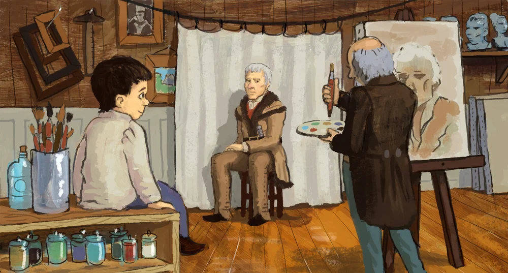 Young George sits and watches Chester Harding paint a portrait of Daniel Boone. His love of art was now official.