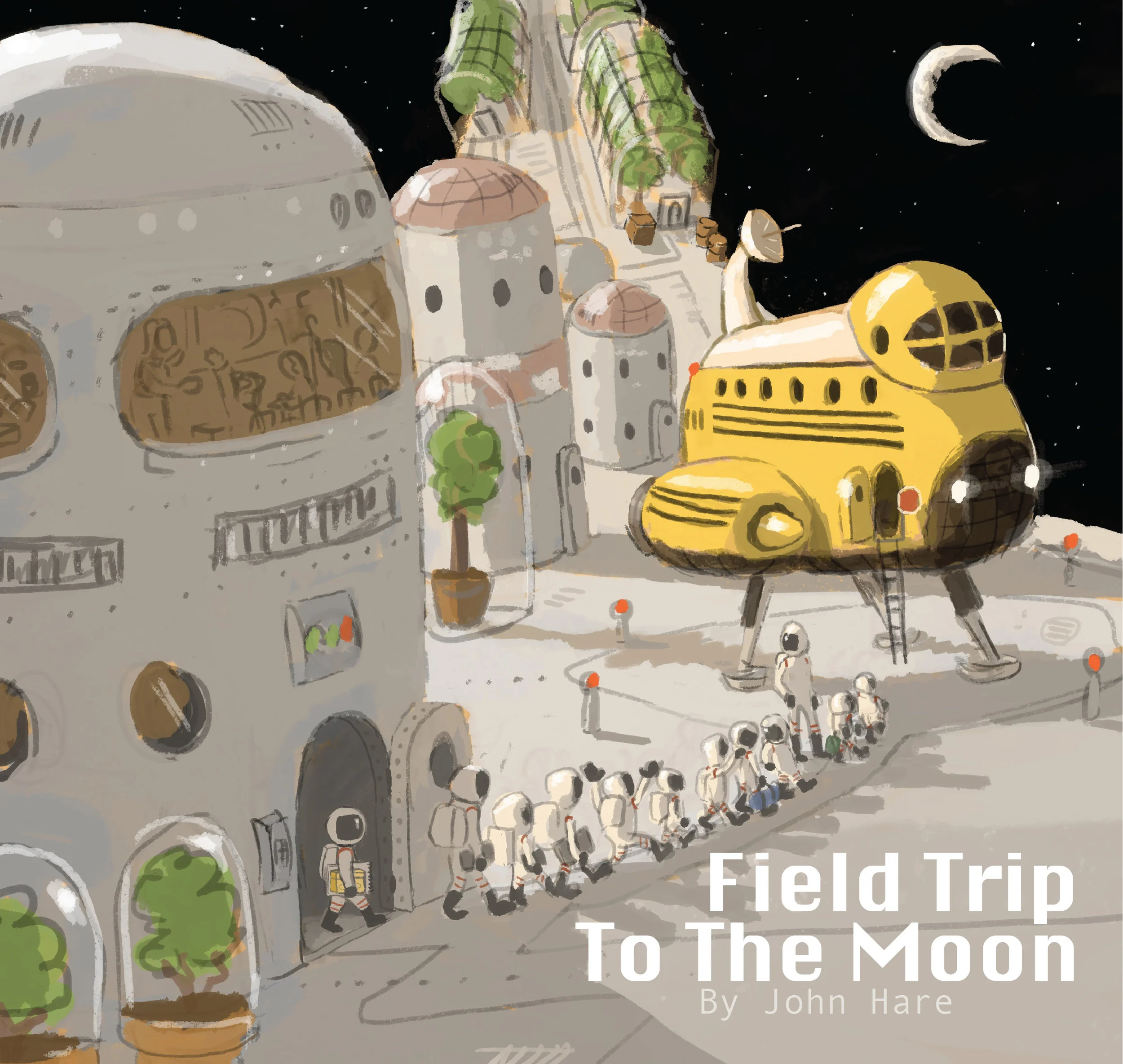 This sketch show an alternate cover design showing the kids departing a station that spins to make artificial gravity.