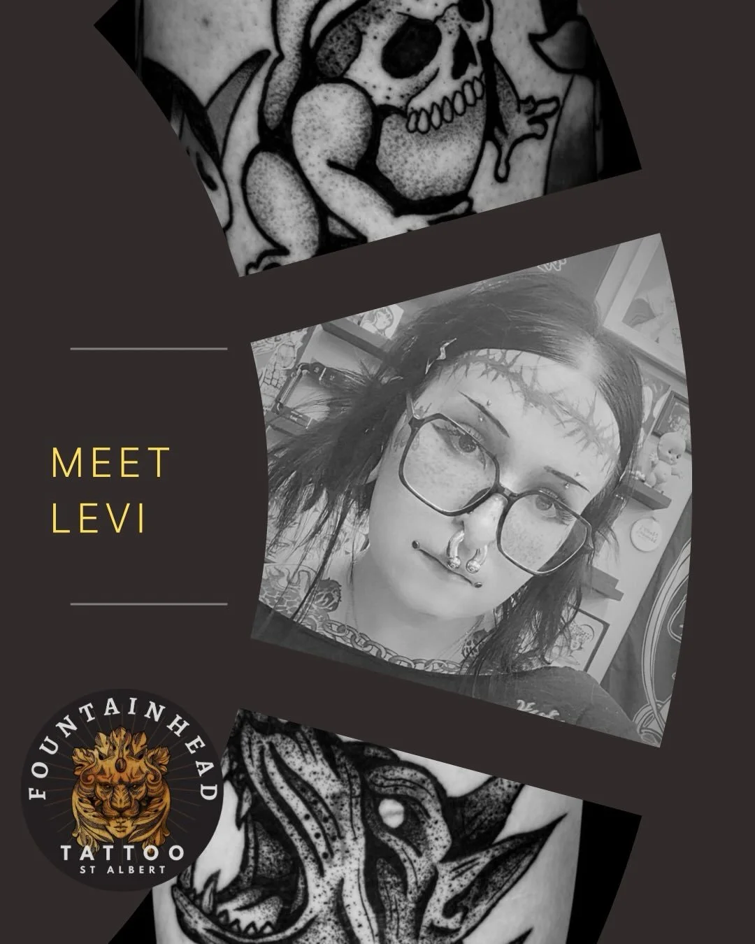 Introducing LEVI!  This awesome gal @levidawntattoo just came on board and we&rsquo;re lucky to have her!  Lots of dark trad style, cute little spooky guys, and black and grey illustrative tattoos await your collection!  Come say hi!