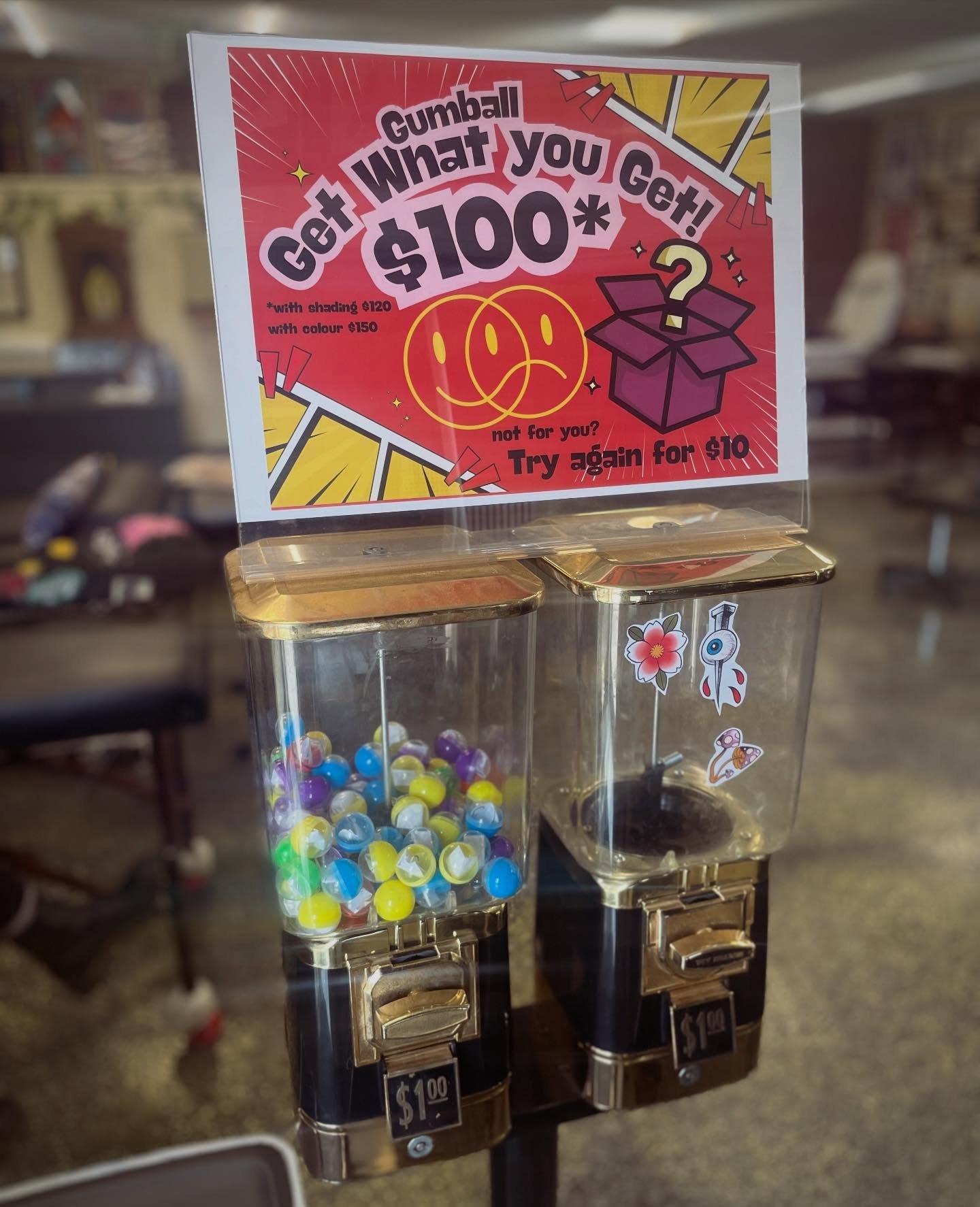 GET WHAT YOU GET GUMBALL TATTOOS✨
It&rsquo;s summer, and it&rsquo;s time for you and your friends to be brave/get weird and get a random tattoo. A vast variety of designs from all of our artists await you!

$100 as is
$120 with shading
$150 with colo