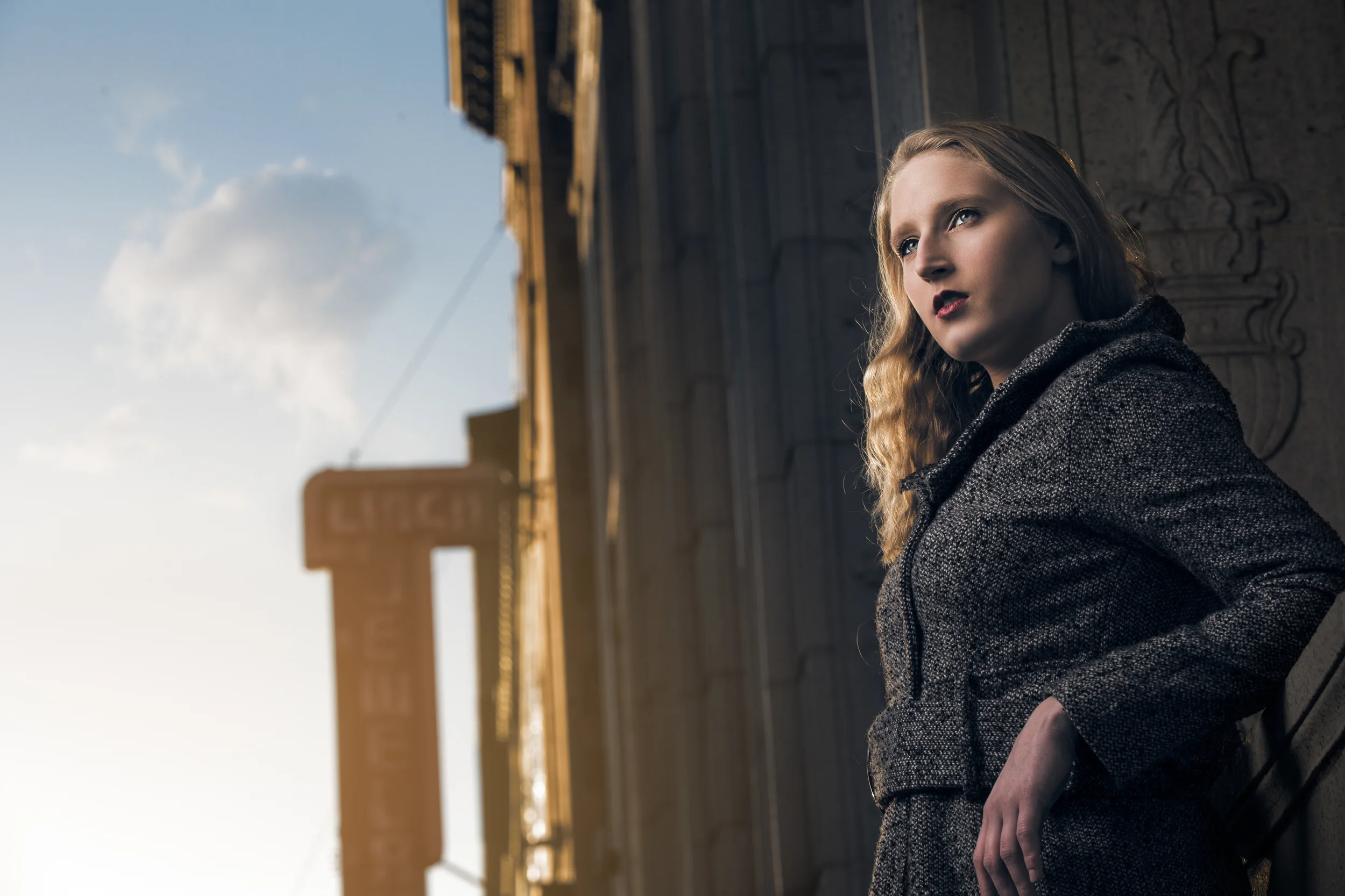 Chic fashion portrait at sunset in Downtown Petaluma