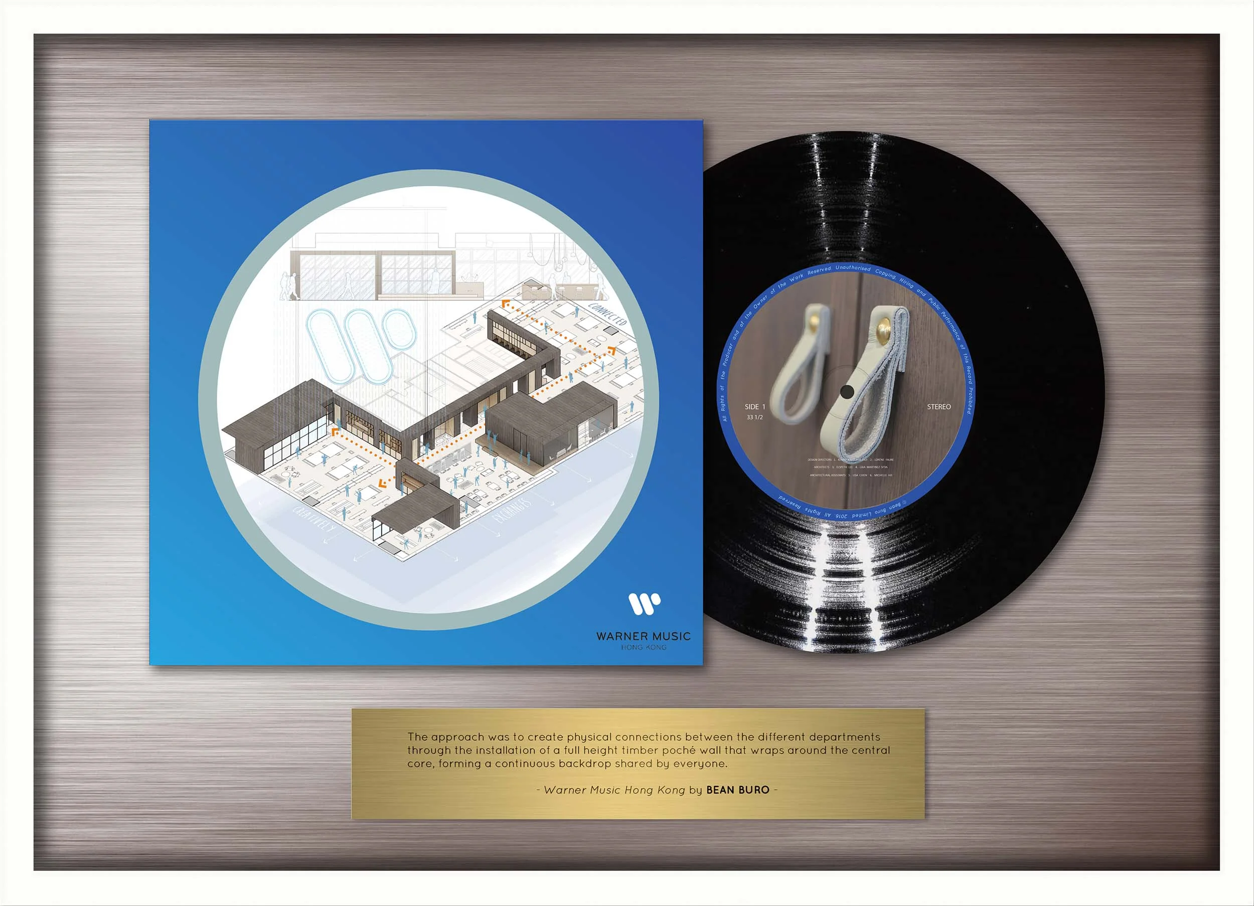Warner Music_ Bean Buro's concept drawings for Warner Music represented through a set of three platinum LPs. The studio uses a rigorous methodology to explore spatial narratives and the humanistic aspects of design through inventive conceptual drawings and models.