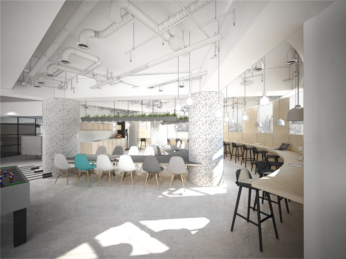 The main pantry acts as a social hub for gathering and informal meetings. A shared floating table was incorporated around the existing columns in a V-shape, encouraging staff to interact during meals, while a raw plywood window bar was installed along the curved façade area, providing an opportunity to for solitary reflection, with views over Shanghai. 