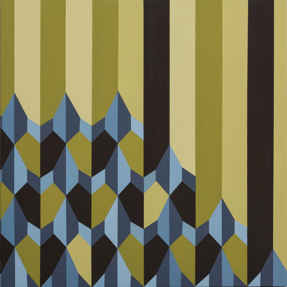 Stack Attack acrylic painting on timber panel. 20 x 20 cm. © 2015 Katy Mutton, All Rights Reserved. Photo: Andrew Sikorski. Private Collection