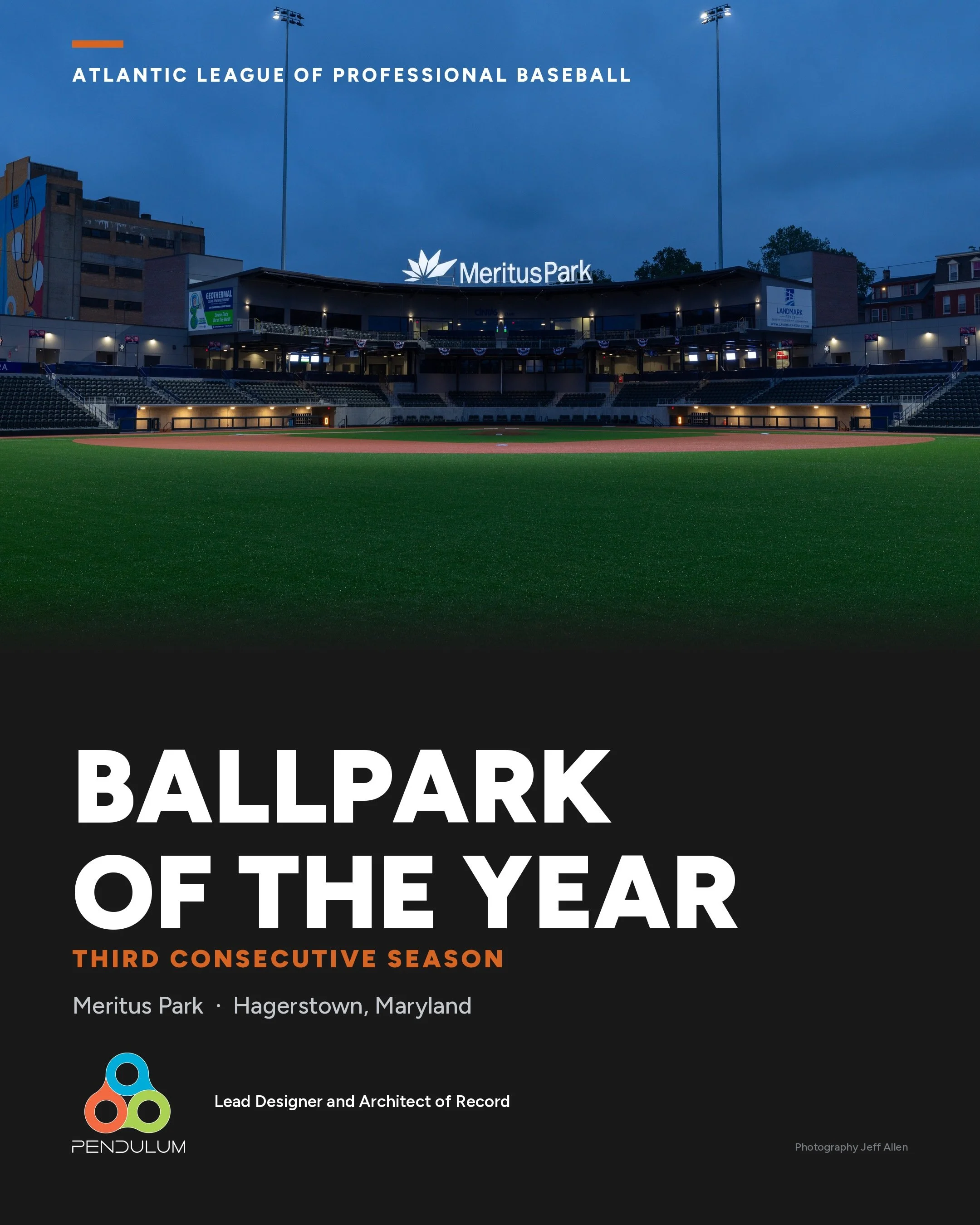 Meritus Park has been named Ballpark of the Year by the Atlantic League of Professional Baseball for the third consecutive season. That is every season it has been open.

League members vote the award at the close of the season, and it recognizes cus