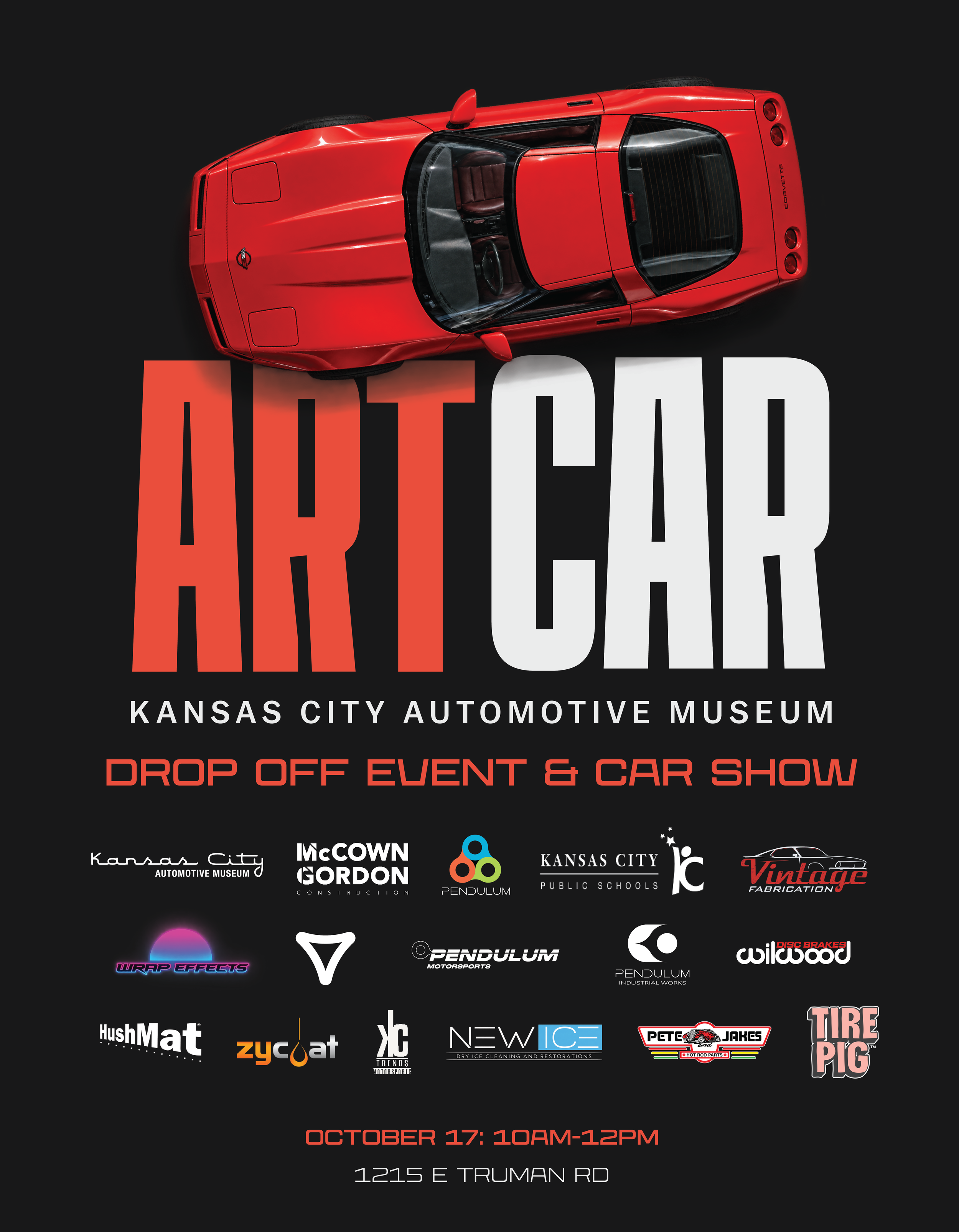 Art Car poster: a red 1993 Chevrolet Corvette C4 above the ART CAR wordmark for the Kansas City Automotive Museum drop off event and car show, October 17, 10AM to 12PM, 1215 E Truman Rd, with the 2026-2027 sponsor logos.