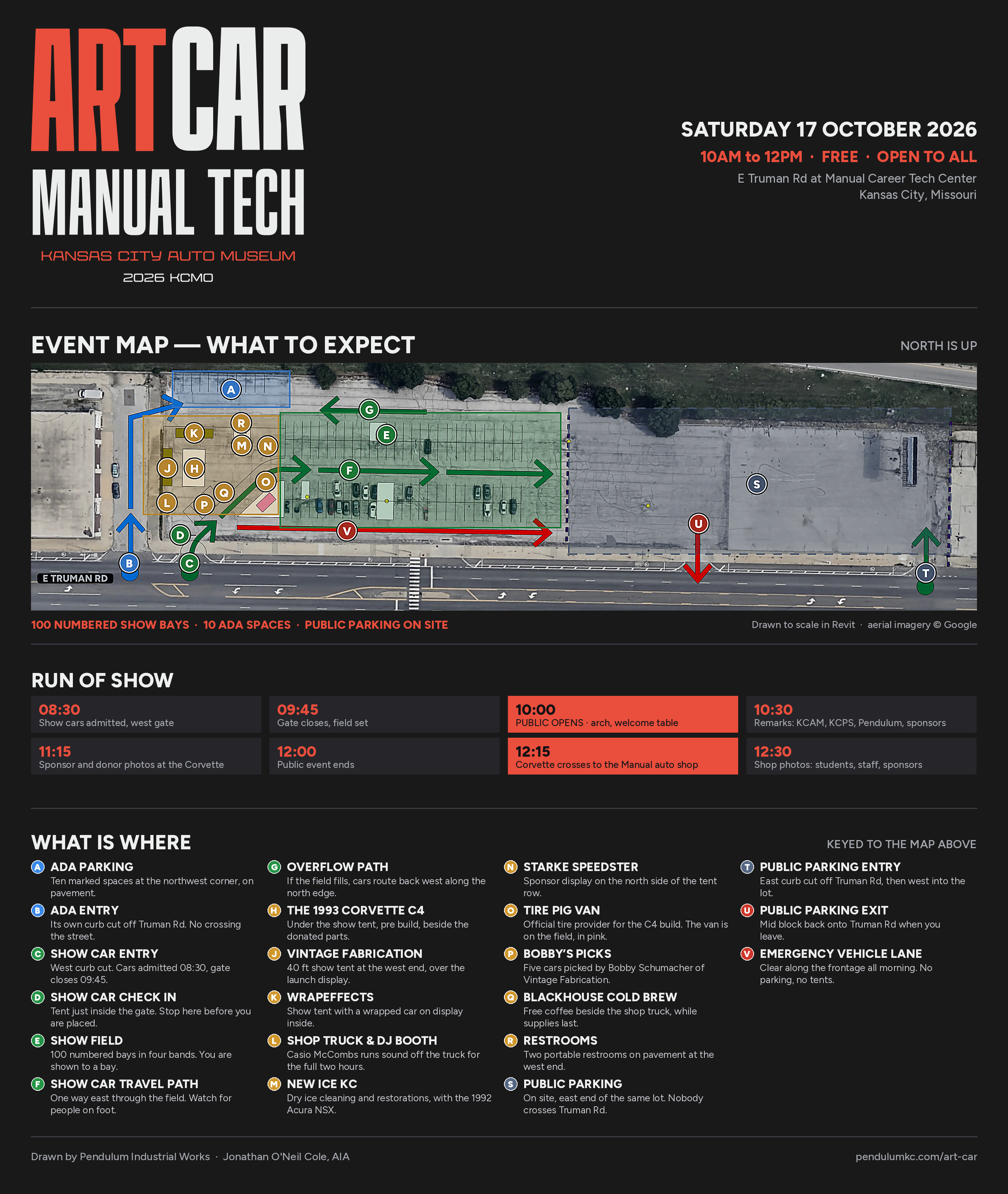 Event map for the Art Car drop off, Saturday 17 October 2026, 10AM to 12PM at Manual Career Tech Center on E Truman Rd, Kansas City. Lettered markers keyed to a legend show the 100-bay show field, sponsor tents, ADA and public parking on site.
