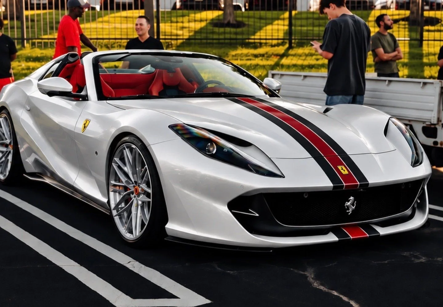 The 2022 Ferrari 812 GTS wrapped by Wrap Effects in Inozetek Satin Pearl White with a Competizione stripe, on display at the Art Car drop off.