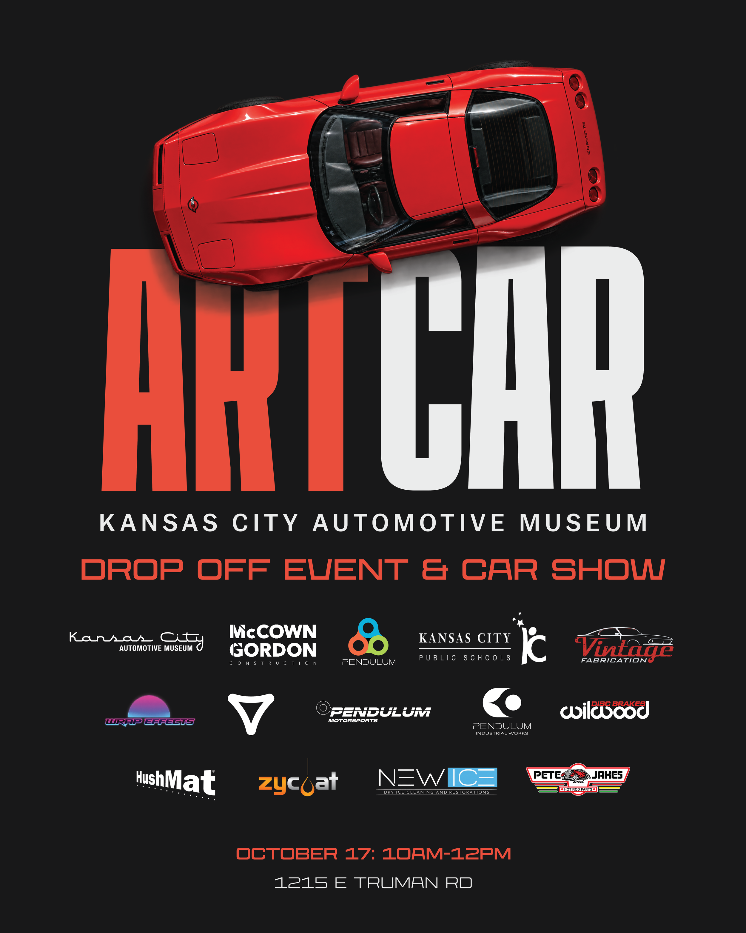 Art Car poster: a red 1993 Chevrolet Corvette C4 above the ART CAR wordmark for the Kansas City Automotive Museum drop off event and car show, October 17, 10AM to 12PM, 1215 E Truman Rd, with the 2026-2027 sponsor logos.