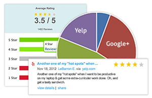 REVIEWS Pull in results from major review websites to view overall scores and see which keywords customers are using to describe a business.