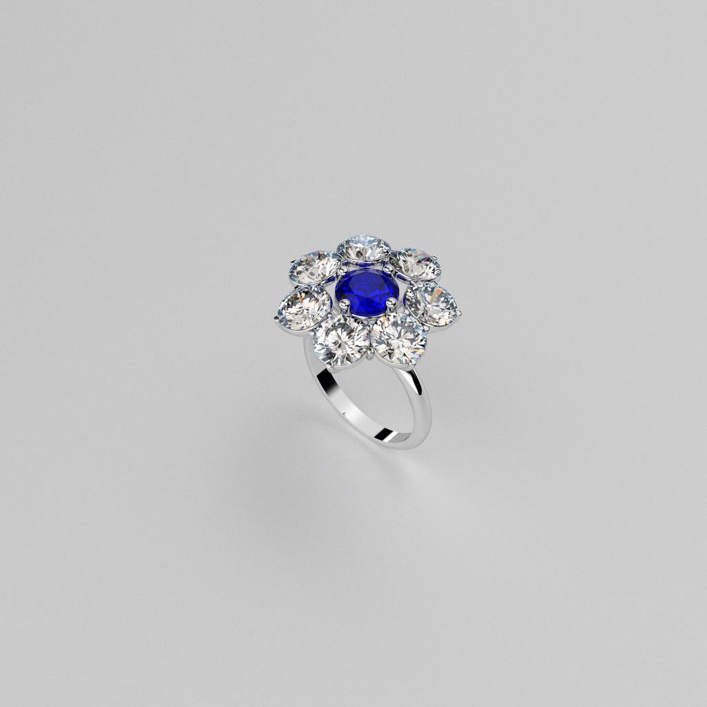 Cluster, 18ctt white gold, diamonds and Saphire.