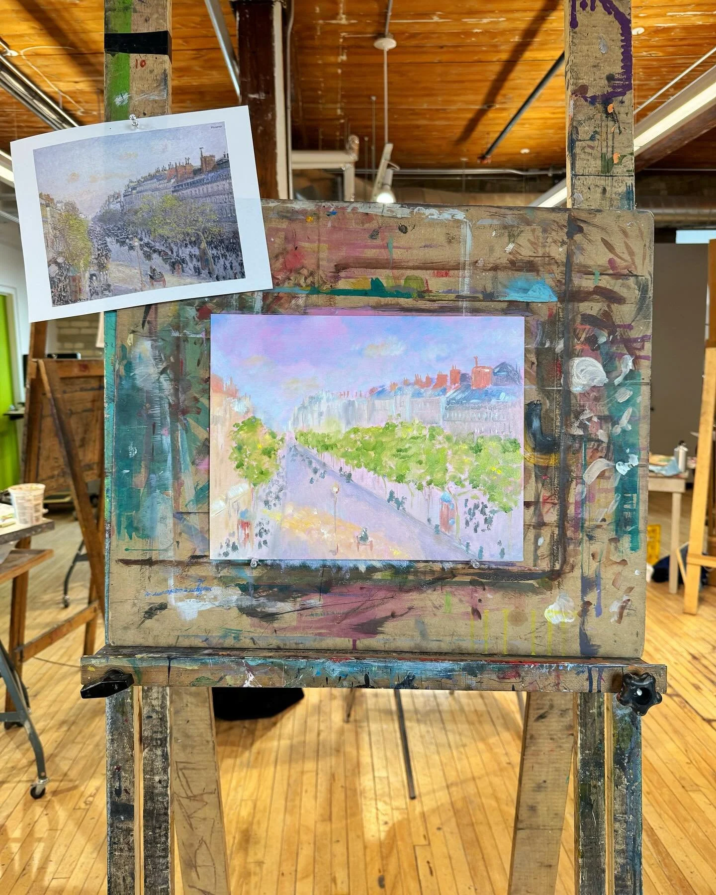 the Monet &amp; Impressionism workshop at @tsa_art with @emilyjoyceartwork was challenging but super fun! @eunibae and I chose Camille Pissarro&rsquo;s Boulevard Montmartre, Twilight to study.