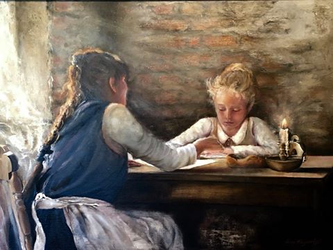 Maleriets tittel: 1886 - Hjemmeundervisning. Malt av Iren Fagerås
