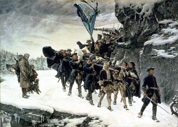 Det kjente historiemaleriet «Karl XIIs likferd», utført av Gustaf Cederström i 1884.