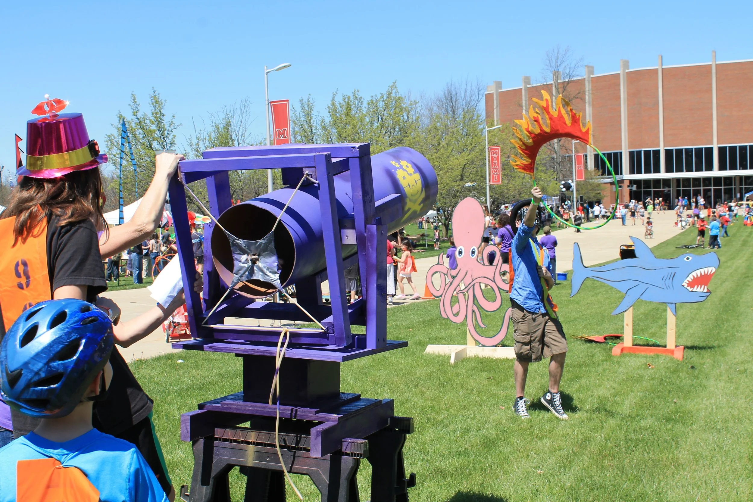 If you look closely you can see the tiny animal projectile passing through the flaming hoop. We were amazed how accurate the makeshift cannon turned out to be, maybe we should have pursued our initial human-cannonball idea after all.