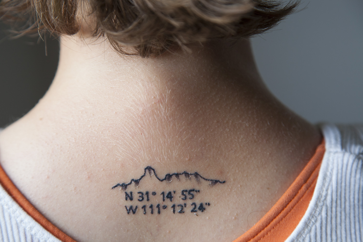  Tattoo #1, 2012 - Tattoo depicting Bavoquibari Mountain and GPS coordinates 