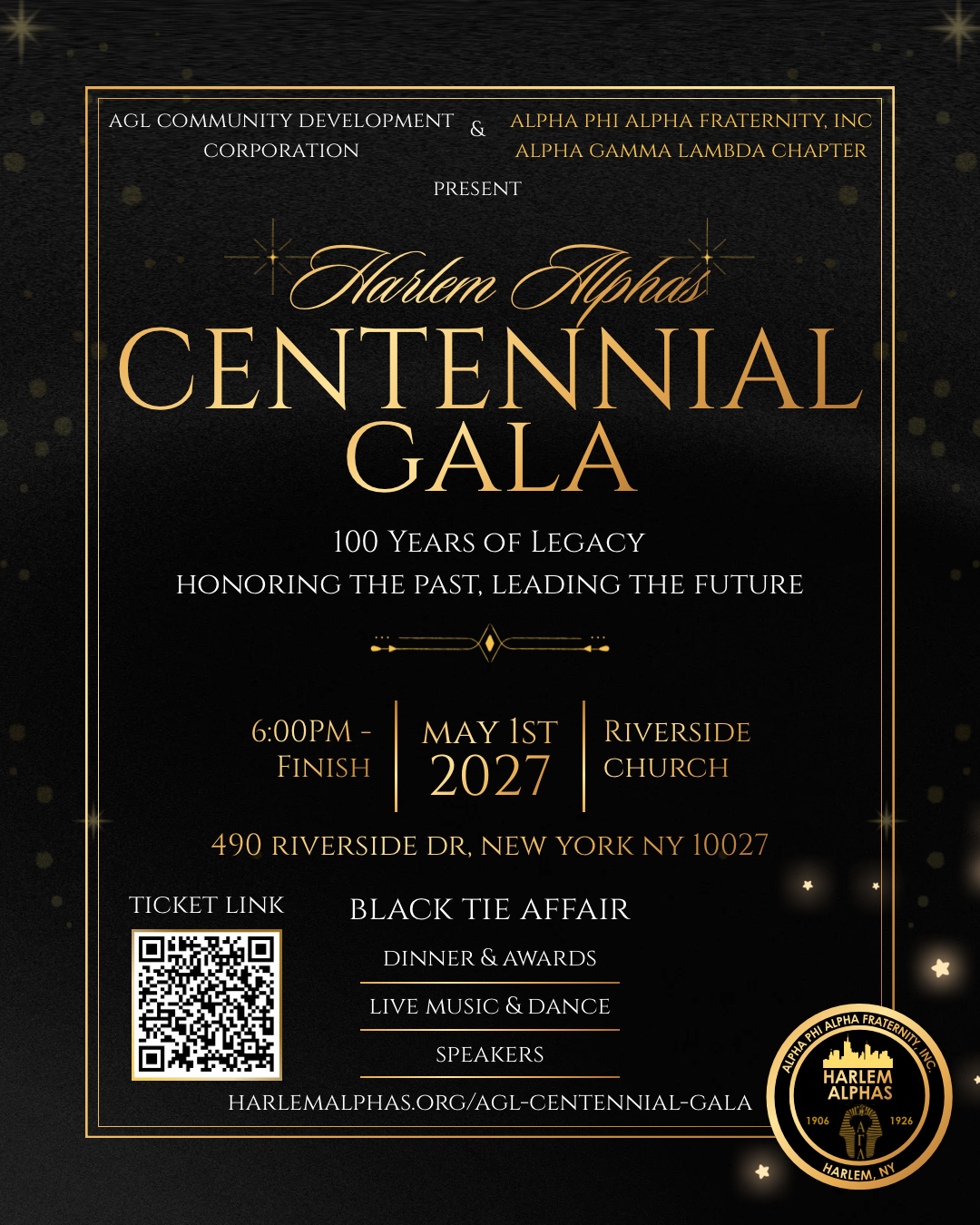 Harlem Alphas Centennial Gala: 100 Years of Legacy, Honoring the Past & Leading The Future - hosted by the AGL Community Development Corporation in partnership with the Alpha Gamma Lambda Chapter of Alpha Phi Alpha Fraternity, Inc.