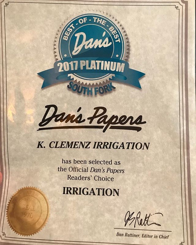DANS PAPERS BEST OF THE BEST #1 IRRIGATION COMPANY.  BIG THANKS TO EVERYONE WHO VOTED.  #kclemenzirrigation #irrigation #sprinklersystems #hamptons #irrigationofthehamptons #sprinklers #irrigationsystems #drip #dripsystems