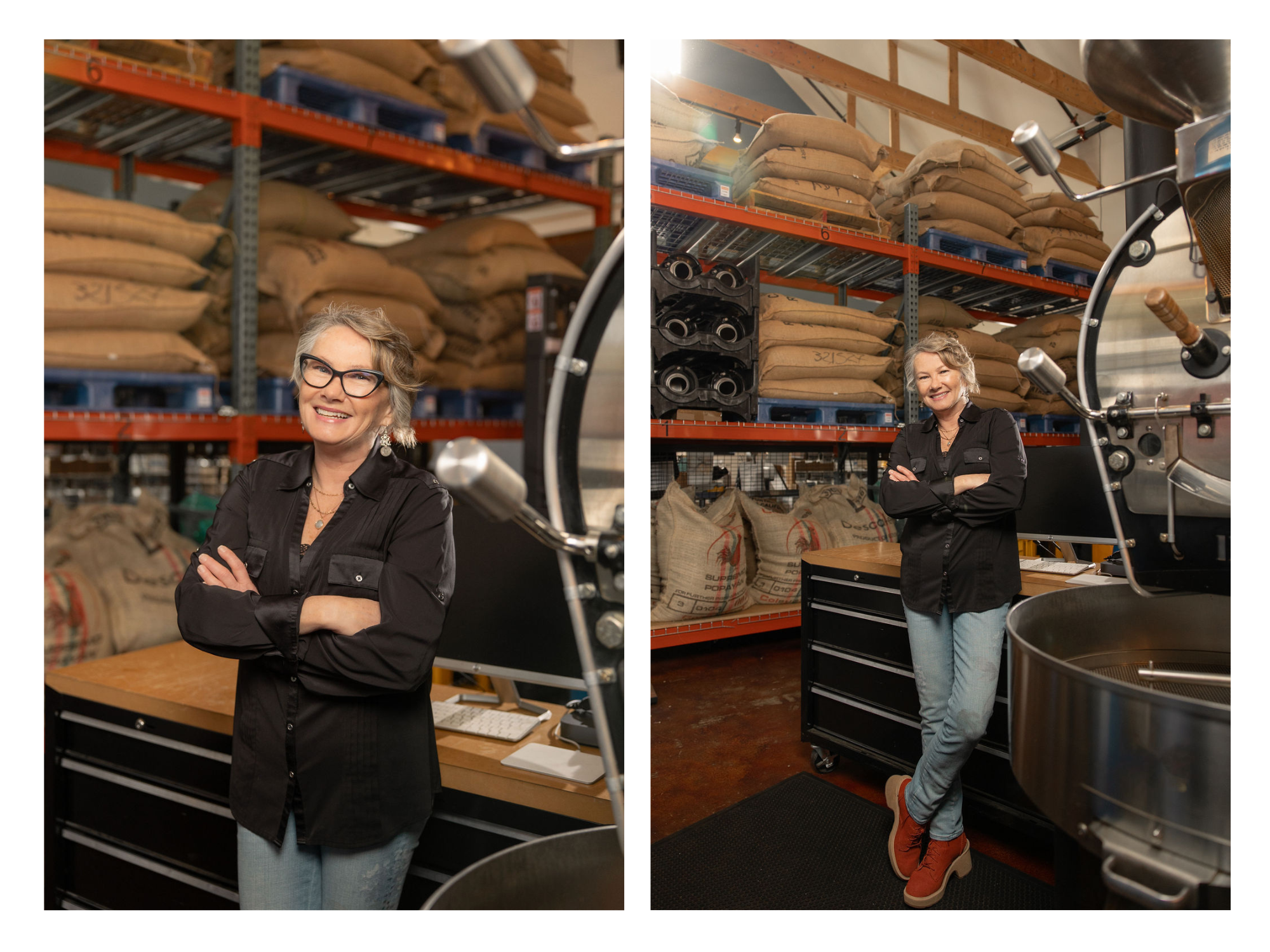 portraits of a woman smiling for the camera in a coffee roasting shop