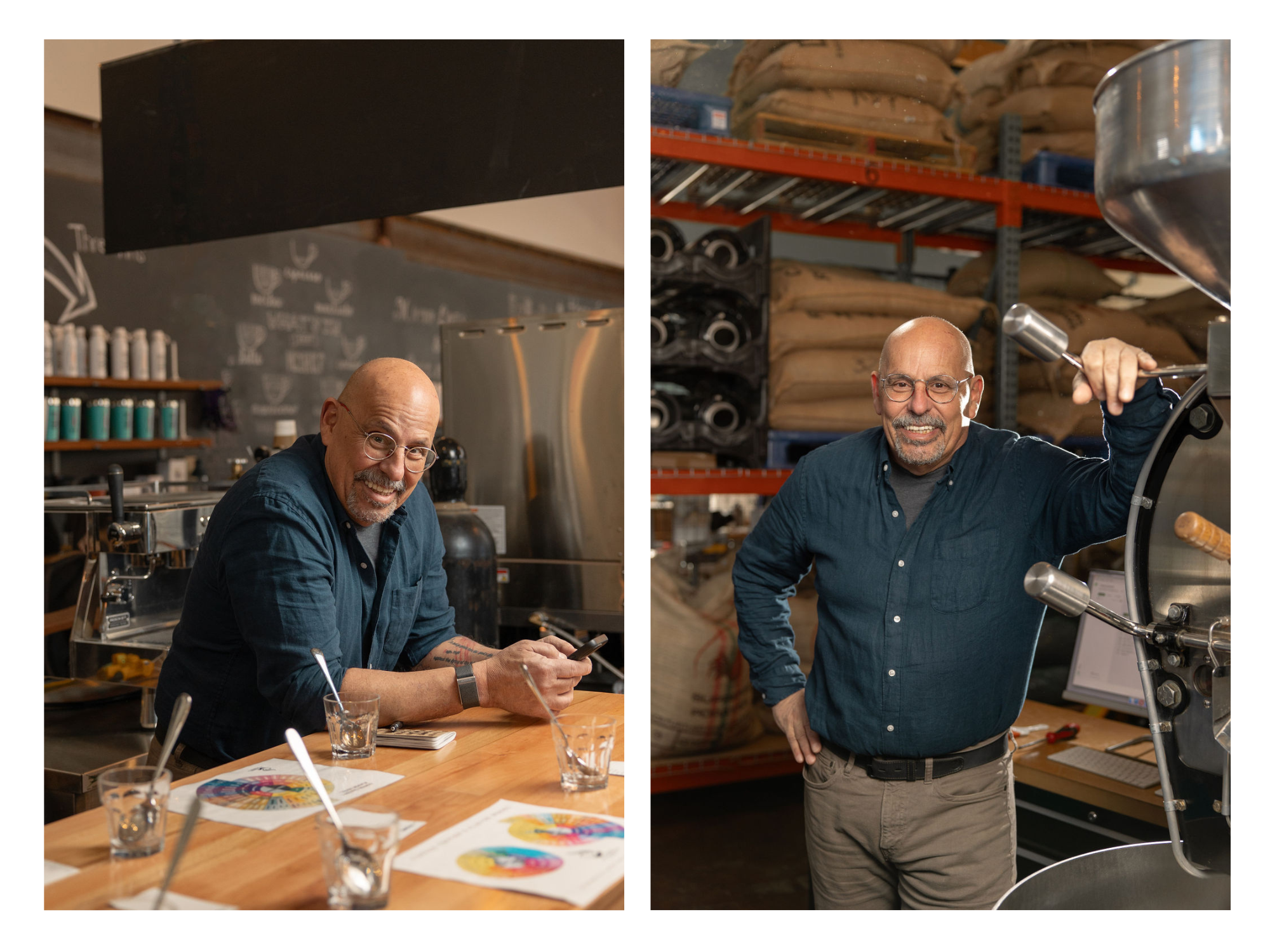 man's portrait for his coffee business. He is wearing blue in both images and smiling.