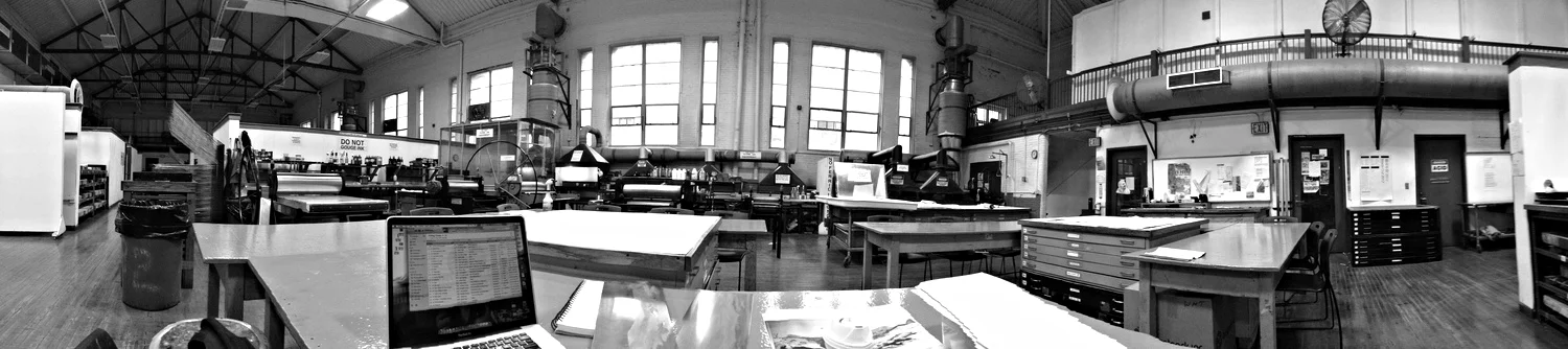 The MassArt Printmaking Studio is in the old basketball gymnasium. It is an incredible space to create and work in. Boston, MA