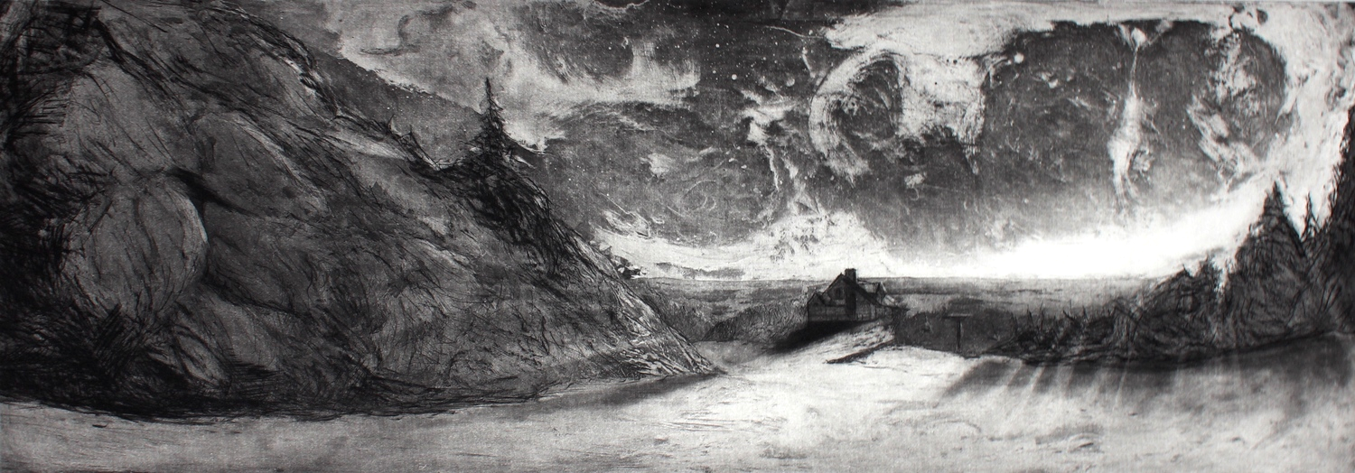 West Dover, VT State 3, 2014 etching | 750 9"x28"