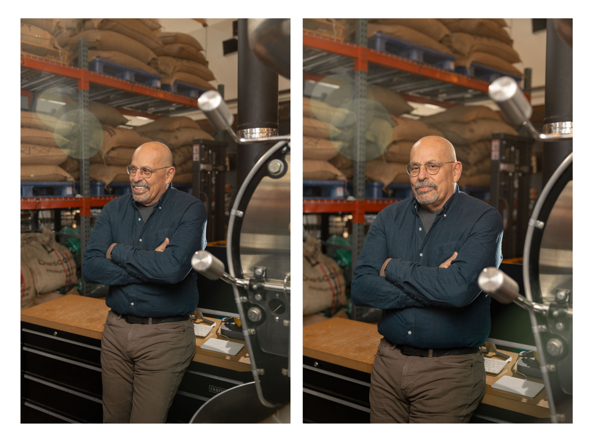 portraits of a man smiling for the camera in a coffee roasting shop
